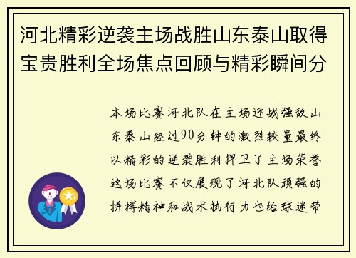 河北精彩逆袭主场战胜山东泰山取得宝贵胜利全场焦点回顾与精彩瞬间分析