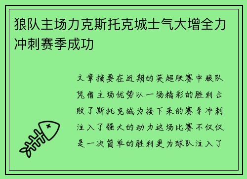狼队主场力克斯托克城士气大增全力冲刺赛季成功