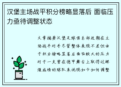 汉堡主场战平积分榜略显落后 面临压力亟待调整状态