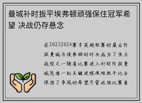 曼城补时扳平埃弗顿顽强保住冠军希望 决战仍存悬念