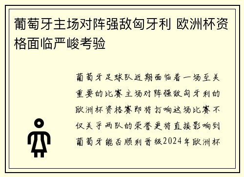 葡萄牙主场对阵强敌匈牙利 欧洲杯资格面临严峻考验