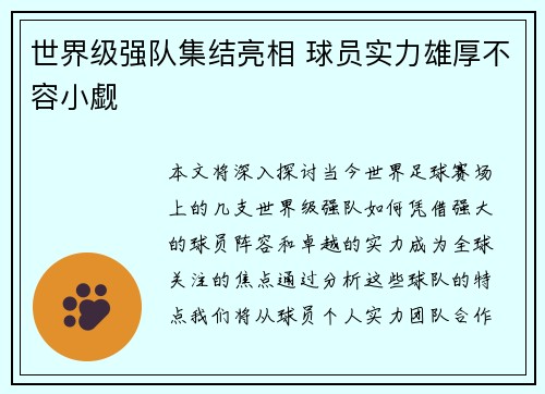 世界级强队集结亮相 球员实力雄厚不容小觑