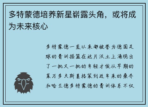 多特蒙德培养新星崭露头角，或将成为未来核心