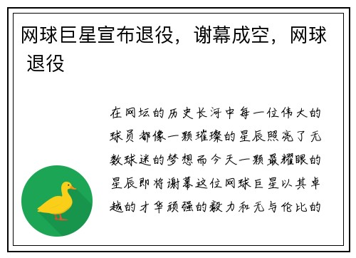 网球巨星宣布退役，谢幕成空，网球 退役