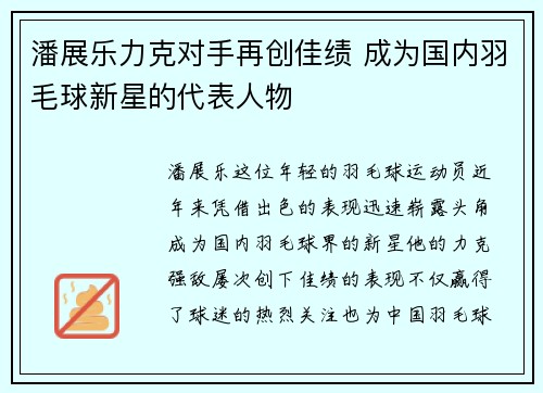 潘展乐力克对手再创佳绩 成为国内羽毛球新星的代表人物
